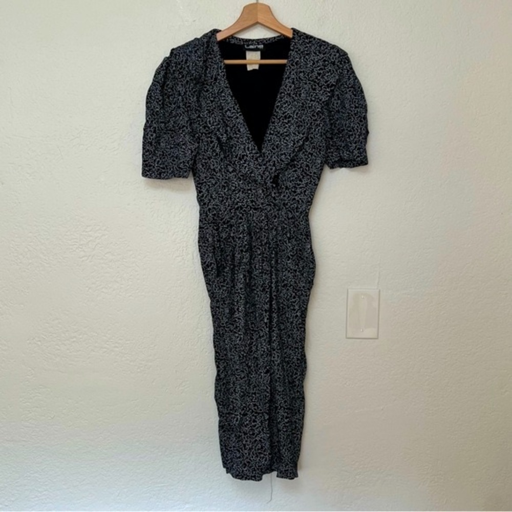Vtg Laine Black White Floral Wrap Dress, Size 7/8